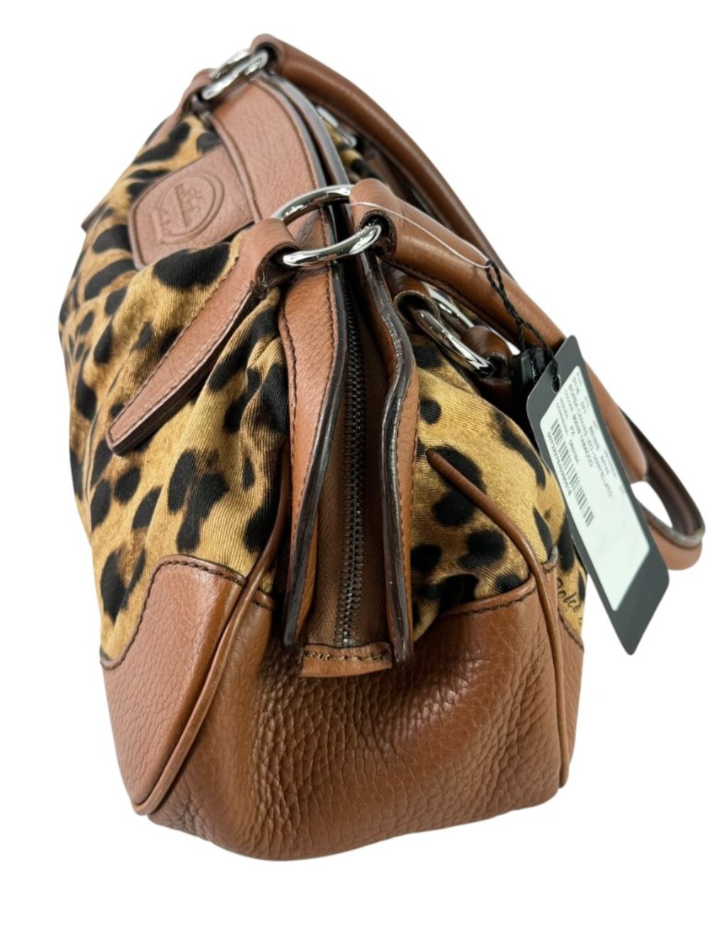 DOLCE & GABBANA Leopard Print Canvas and Brown Leather Satchel Bag Made in Italy - Picture 6 of 15